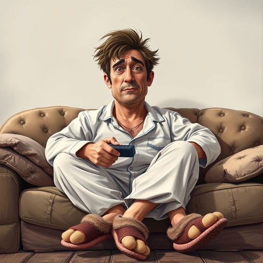 Create mid 30 character who is lazy as heck. And you could tell from his face and his entire outfit. Make is funny and the style of the graphic photographic