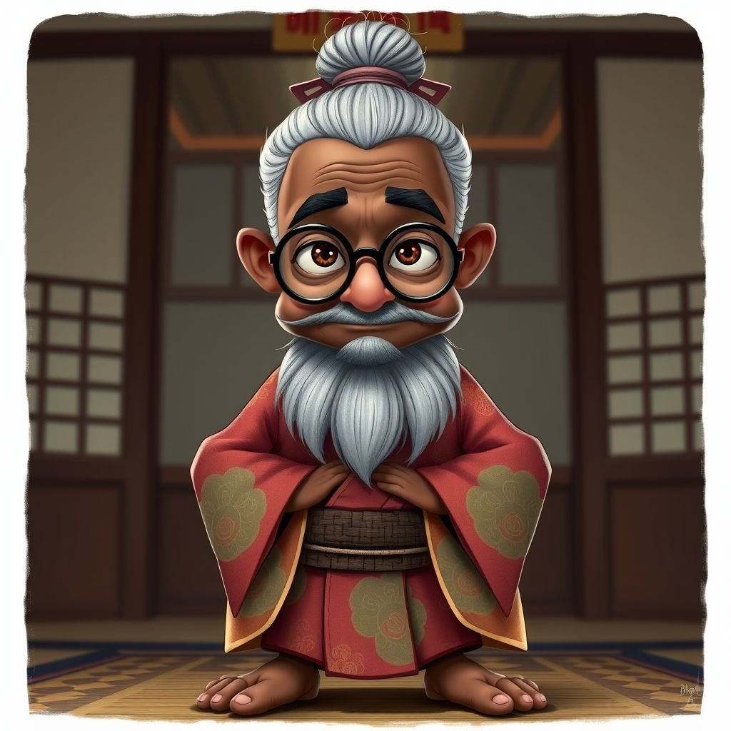 Create a funny looking African sensei. Show the whole character from head, body , legs , feet and make him serious.
