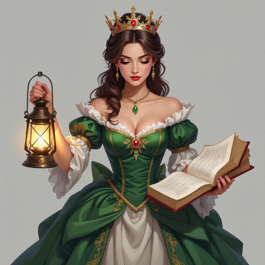 top view, battle map view, aerial view, woman, fancy dress, crown, holding a lantern, holding books, looking down, no background, stop looking up