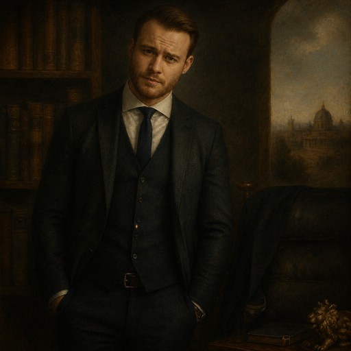 Digital painting of a person in a dark suit standing beside a leather chair.