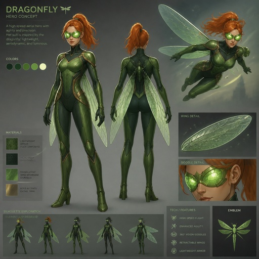 Female superhero with a suit that has dragonfly powers, goggles, orange hair ponytail, green