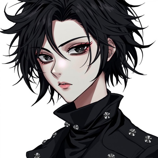 Create a teenage goth boy who has black hair, black eyes, pale skin and his attire is black.