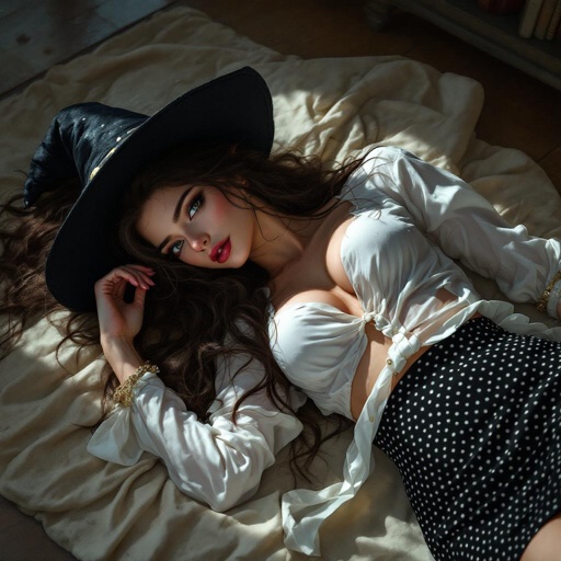 Brunette Elf Wizard Librarian with Long brunette hair in a tight black and white polka dot mini pencil skirt and a white open blouse and a witches hat. She is lying on the floor drunk