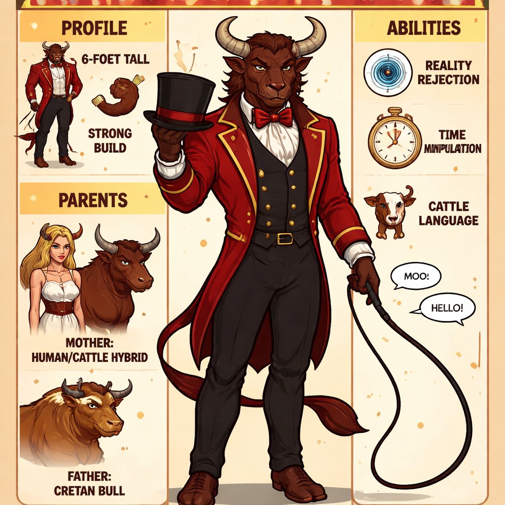 A male chestnut brown Minotaur with deep set cattle like brown eyes, large powerful gleaming horns like his fathers, a well~proportioned figure/body at lest 6 foot tall, long tail. He works at freak show as the ringmaster and his abilities are Reality Rejection, Time Manipulation (Chronokineses), Zoolingualism (Language of Cattle only), Human Speech. His mother is a human with half-animal (Cretan Cattle) physiology and his father is a Cretan Bull.