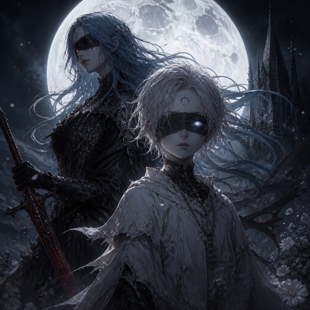 moon child white haired with blind fold only one eye showing moon mark eye next to light blue hair woman with blind fold red eyes with sword