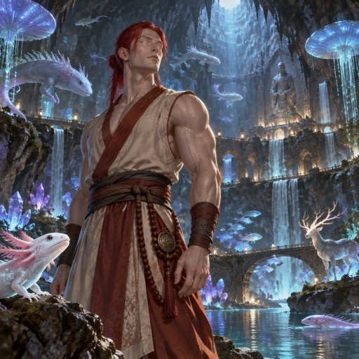 His name is Olm,a blind salamander monk, transformed into a handsome, muscular man. He has red hair, he is in a Shaolin monk outfit, is in a huge cave, with majestic creatures and plants 