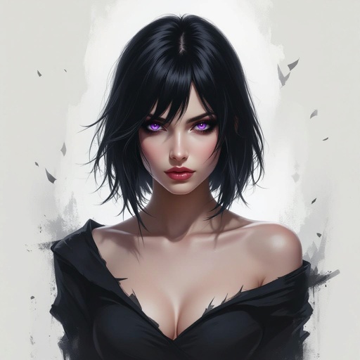 Show her entire body. Create mysterious woman jet-black hair is cut sharp to her jawline, and her violet eyes seem to pierce through darkness. A shadowy aura clings to her form, faint shapes shifting and flickering behind her like whispers of another realm. Show whole body head to toe