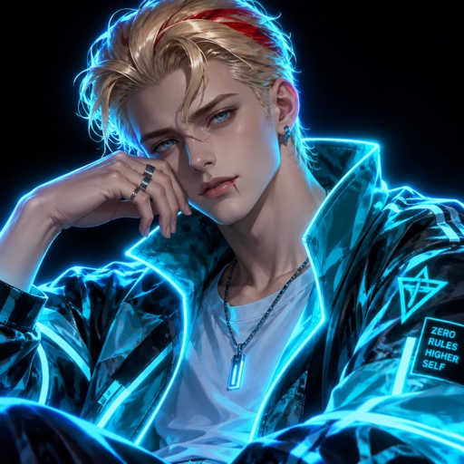 Male, blonde greased brushed back hair, curl on forehead, red streak in hair, scar on lip, blue eyes, slim, designer, cyan casual clothes,