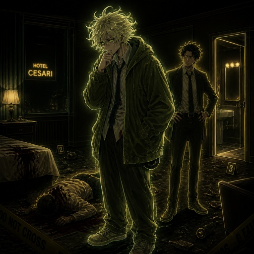 Anime Male great detective takes his job real seriously and is really good at it in his mid 20s with medium really crazy messy light blonde hair, tall thin, tied, strange green eyes wearing a baggy loose mossy green jacket tired face thinking hard about the crime scene and talking to his partner about it, partner looking annoyed at him but also concerned about him but also trying to take this case seriously they are talking about the crime scene and what could have happened and who would do this, crime scene is in hotel room, very gruesome one, no one new the person was even there and was only found out today making it harder to figure it out but the detective won't give up and do whatever he can His past was not great his was hatted by family full body