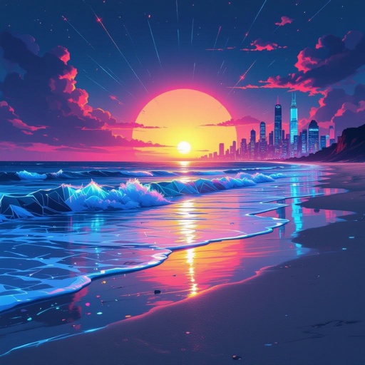 A nice beautiful beach with the sunset and sand looking beautiful with city lights in the back