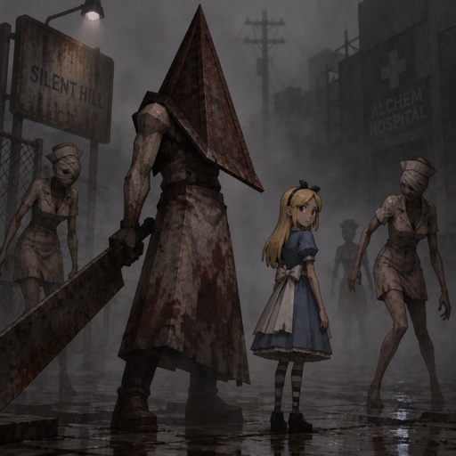 Silent Hill with pyramid head and the nurses with an Alice and wonderland spin