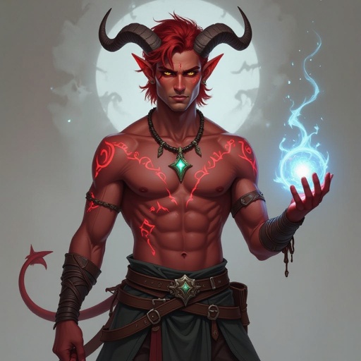 Half tiefling half changeling male warlock reddish skin shirtless
