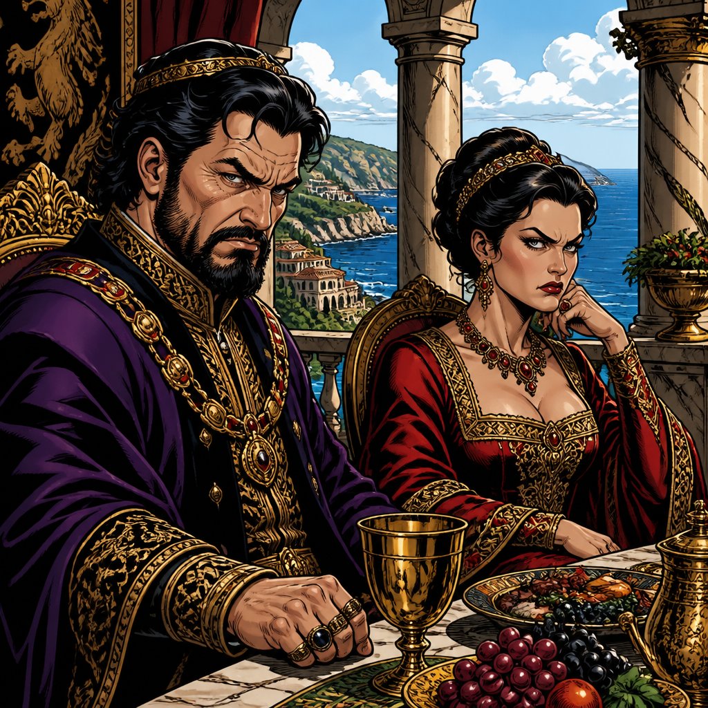No speech bubbles. Realistic. A very wealthy couple dressed in ornate mediaeval robes are sitting at a table in an expensive villa overlooking the ocean. There are arguing not violently just arguing.
