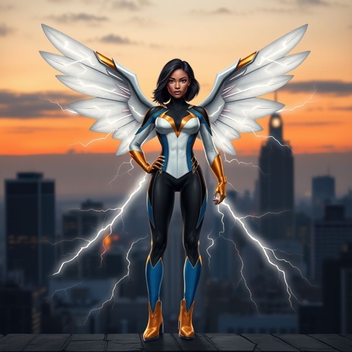 African American female superhero with shoulder length hair in a side part style and wings made of white lightning wearing a slightly homemade white blue and black suit with black pants with a stylized V as her chest emblem wearing blue flat boots made of gold standing in Philadelphia at dusk