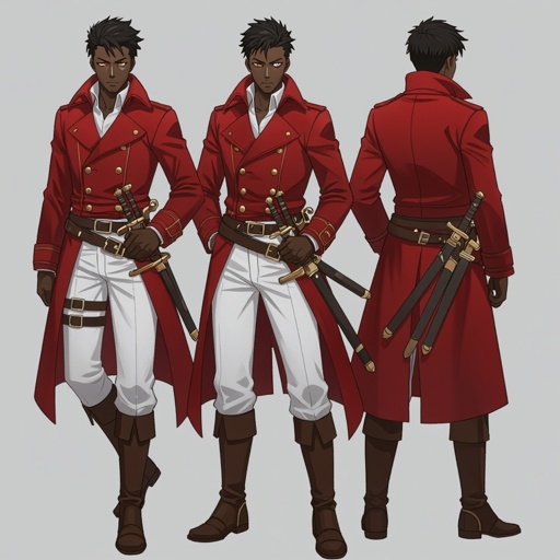 Man, human, dark skin, black short hair,  red double-breasted great coat, gold buttons, white pants, brown boots, belts, lots of daggers strapped to his belts