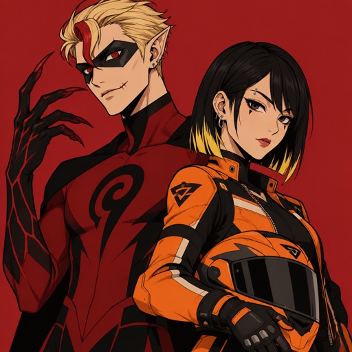 Male, blonde greased brushed back hair, neck length hair, curl on forehead, red streak in hair, scar on lip, red and black spiral eyes no whites, slim, superhero with chaos powers, cool outfit red, pointy ears, pointy fingers with red tips, red veins, mask, Asian female with straight black neck length hair, yellow tips, side bangs on one side, eyebrow piercing, under eye mascara, ear piercing, motorcycle clothes orange, gloves, motorcycle helmet
