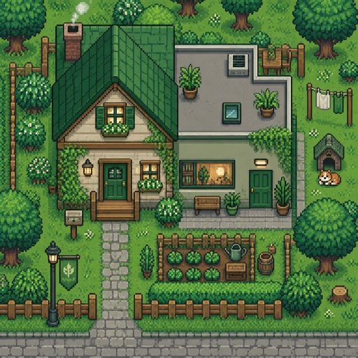 Cozy house with another attached house with a flat roof, green for a modern fantasy game, top down style, shading
