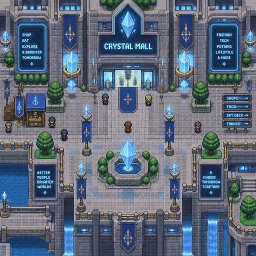 Mall for a futuristic fantasy city game, exterior, top down style