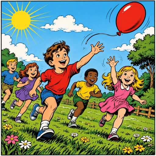 A group of young boys and girls chasing a balloon it’s red on a grassy field with lovely flowers on a bright sunny day