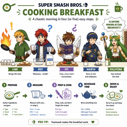 Super smash brothers link from legend of Zelda, pit from kid Icarus, Marth from fire emblem,Roy from fire emblem, there trying to make breakfast Roy looking at the measuring cups saying "which one do I use?" link holding pan that's on fire, pit trying to read the cookbook but it's upside down and holding a knife near a cutting board,Marth making himself some tea with a tired face expression think “why did I get up”, Palutena comes into the kitchen and yells "what are you guys doing!" All in casual clothes