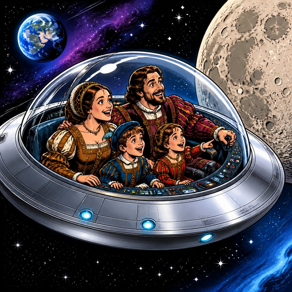 a picture of a family in a space ship