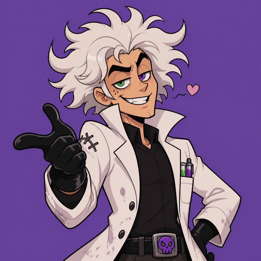 Villain made scientists, lab coat, looks like a mess,very flirty, hair style called "I've never seen a hair brush in my life" would rather die than be saved by the hero, "I don't need one for I AM a weapon of mass destruction, likes to mess with the hero teasing them, has invented machines that lead to portraits,two different eye colors
