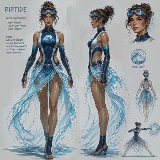 Female superhero with water powers, cool costume skirt made of water, goggles, freckles,multiple of the same character 