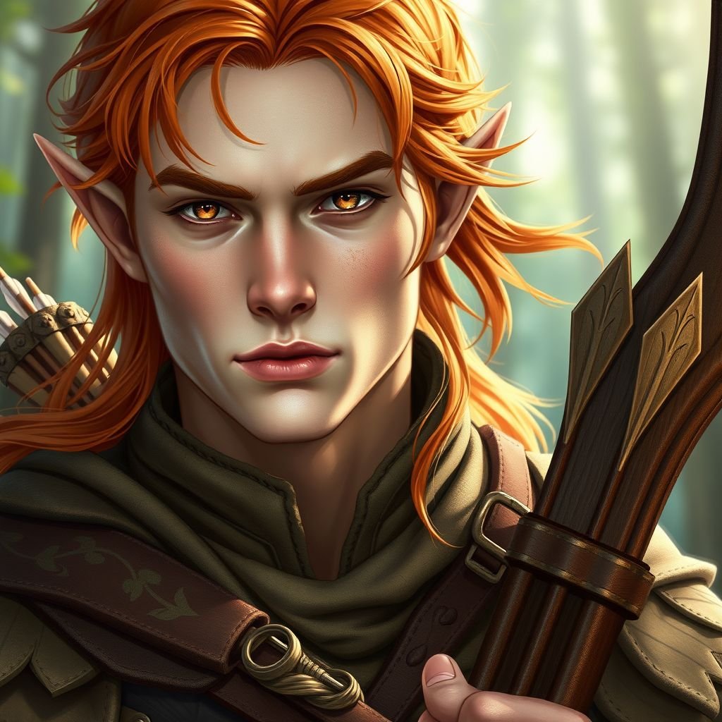 Male elf ranger with long copper hair, fair skin, hazel eyes. Earth tone leather armor. Has a longbow and quiver with arrows