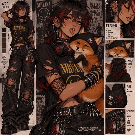 tan 6"2 female with a black with red grunge wolf cut spicky choker nirvana tshirt with rips in the sleeves net arm and leg tights baggy black star grunge jeans with rips alot of punk braclets black grossbody bag with pins nose tongue lip and alot of ear piercing a spicky belt with alot of keychains headphones around her neck and her holding a orange fox with a black beanie on it