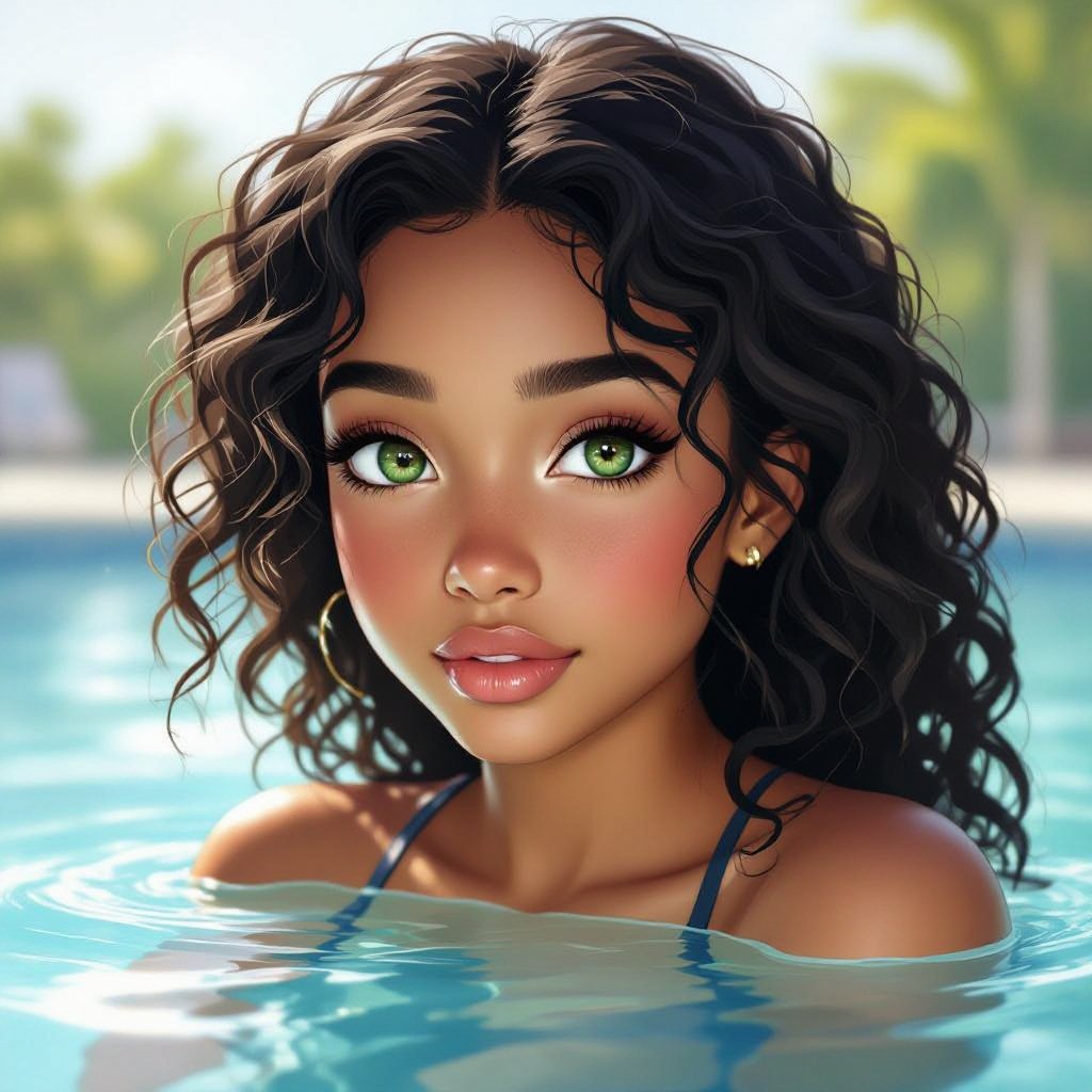 A teenage girl with brown skin black curly hair and green eyes at swimming pool