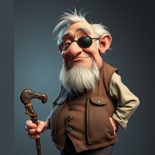 Create a grouchy funny old character who has 1 eye patched. Make him fat with a cane. Show his whole character head to toe in image 