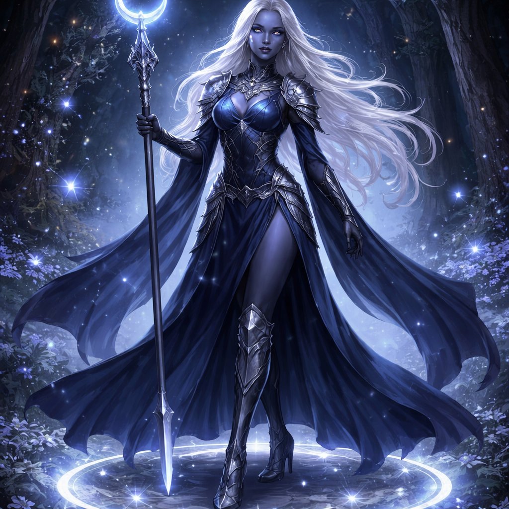 A beautiful Drow woman with long flowing white hair, dark grayish blue skin, large silver eyes, wearing dark blue flowing robes with armor plates, knee high heeled armor boots with Eilistraee’s symbol surrounding her. Full body picture