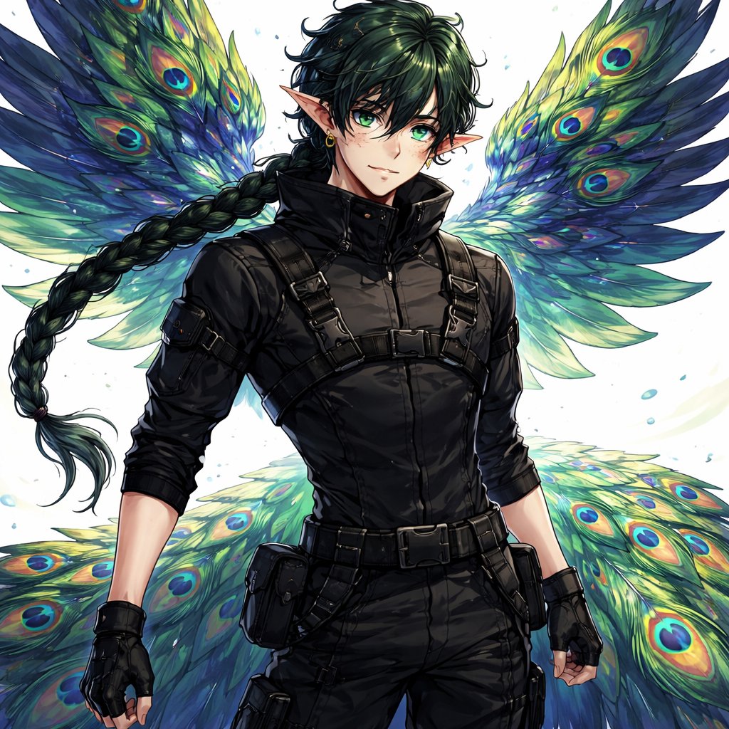 Young adult male of Japanese decent, Dark green curly hair tied back in a long braid almost touching the floor when he stands. He is five foot ten inches with a lean yet muscular build and pale skin. He has freckles across his nose and upper checks with big piercing emerald green eyes and a slender jaw. He’s wearing All Black tech/combat wear. His ears are long and pointed like an elf. He has a large pair of wings protruding from his shoulders with another smaller pair halfway down his back and another even smaller pair of wings attached to his lower back. He also has a peacock like tail in green closest to his body then blue further out and purple at the end mimicking the colour pattern of his wings.