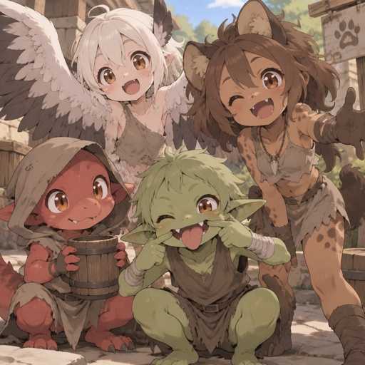 Kobold, harpy, goblin, gnoll girl, children, ragged clothes, cute