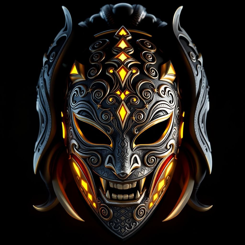 A female war mask with gold accents