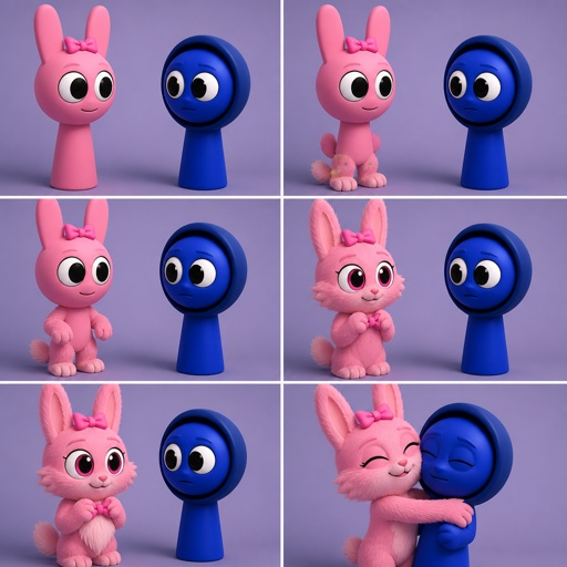Pinki from Sprunki turning into her kind WereRabbit self in front of Jevin from Sprunki with her legs and tail transforming first and then her arms and then her ears and her neck starts to fluff up and then her face and the fur on her cheeks pokes out with fur appearing on her chest with fur holding her pink bow flush against her head as her eyes go from white and black to black and pink and she hugs Jevin because she loves him 