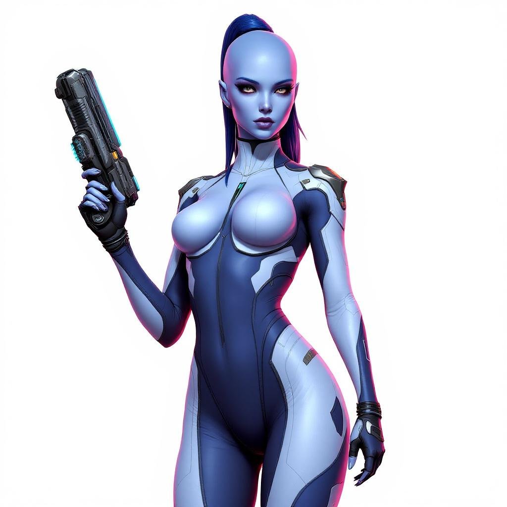 Asari Mass Effect Babe wielding an Omni tool synthweave and Organza indigo amd white tight spy catsuit