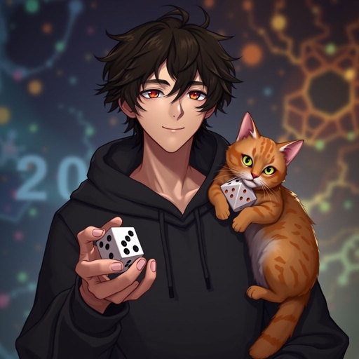 A guy with dark brown hair who holds epic looking dices normal size with 20 sides in one hand, he wears a black hoodie and he has one orange cat with pretty design at his shoulder, and has a small smile, his nails are not painted