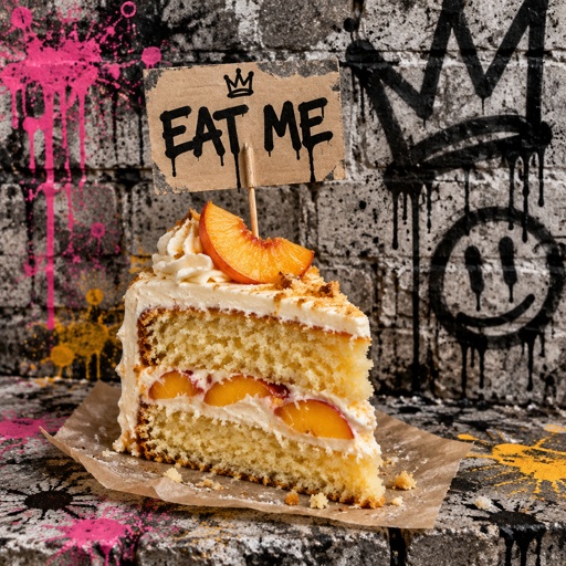 Slice of vanilla peach cake with a sign that says eat me 