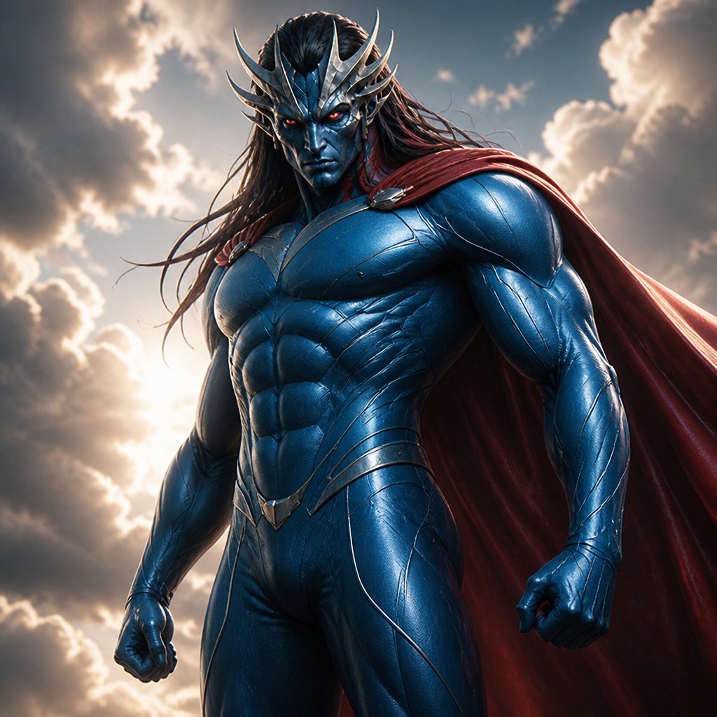 a man in a blue suit with a red cape