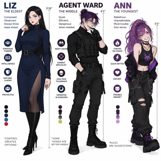 Three siblings, Female name Liz, oldest, tale, pale, beautiful, very call expression, mysterious, black hair long curtain bangs style, bright blue eyes, wearing a dark blue long turtleneck dress, high heels, eye liner,dark eye shadow,red lips, wearing jewelry, Anime style, Agent Ward male, middle child, made to be a weapon, highly skilled, emergency backup case he gets out of control, hair violet messy bun, clean shaven, night vision eyes no goggles, sharp teeth, dark power, tall, intimidating, big grin, he's used as an emergence backup weapon, Female Ann, youngest sibling, medium hight pale, tan, blue eyes, vivid purple dim hair in a messy bun her front hair is swooped down in her right side, mischievous smile, rebel/ grunge clothe style
