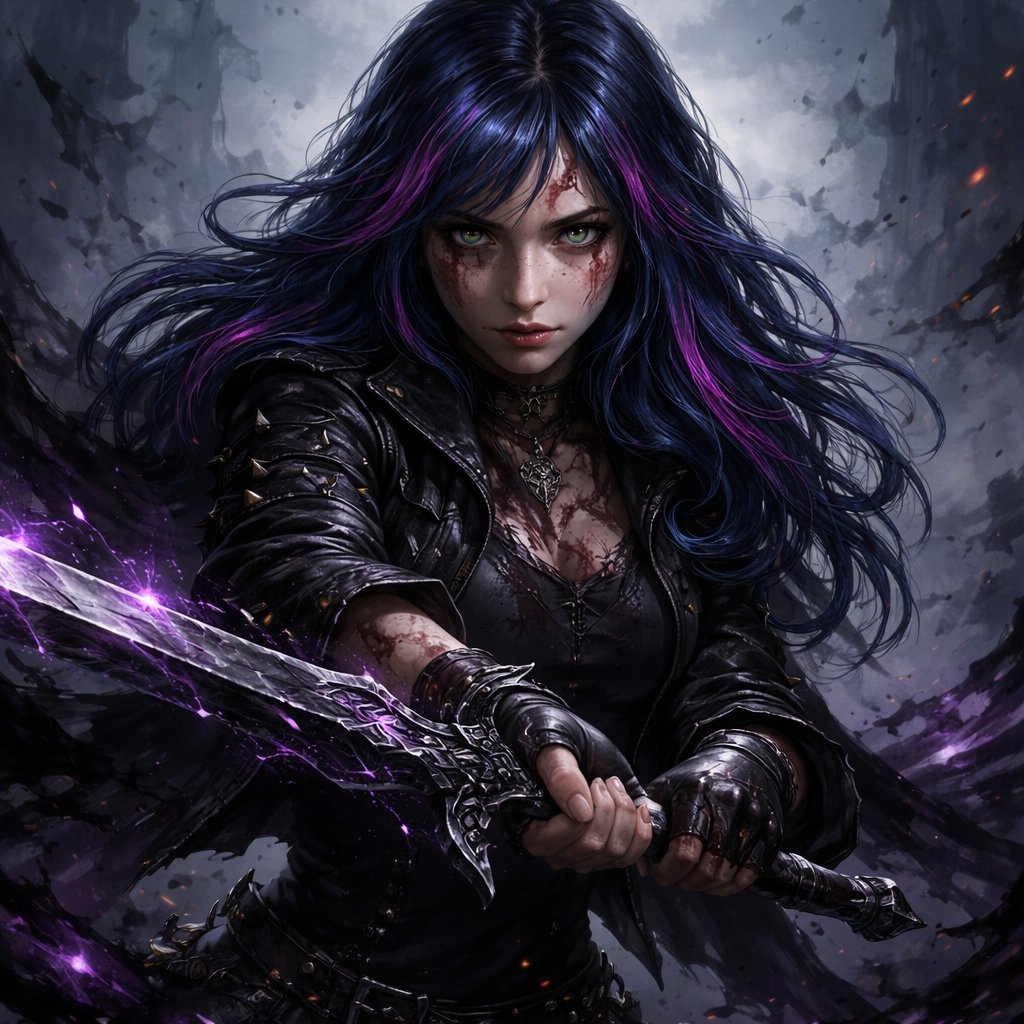 A 17 year old girl who has blue hair with purple and pink stripes. She has hazel eyes and looks ready for a fight. She is holding a sword in a stance that shows she’s ready to fight. She looks strong and determined.