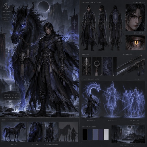 dark abyss assassin, dragon eye, large horse companion, spirit summoning abilities, black hair