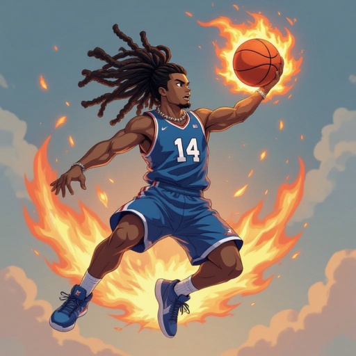 My character is a muscular guy of a lighter skin complexion with 12 big dreadlocks and Blue Basketball jersey with the number 14  and a chain on his neck and he is jumping into the rim high in the air with a fire flame ball sorrounded by fire 