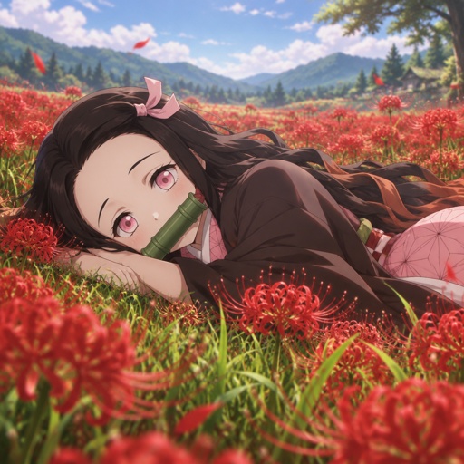 Nesuko kamado laying in a field of red spider lilies