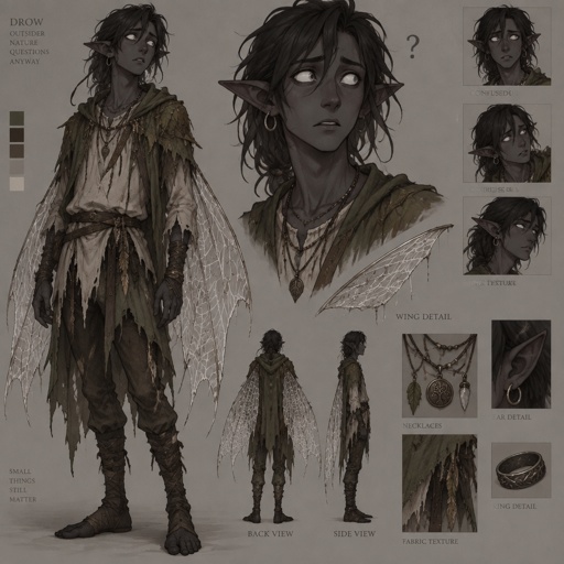 Male, dark grey skin, shoulder length messy hair, pointy ears, completely white large eyes, earring ring, slim, confused, spider web wings, dark elf, ragged nature clothes, multiple necklaces, tunic, concept, face expressions