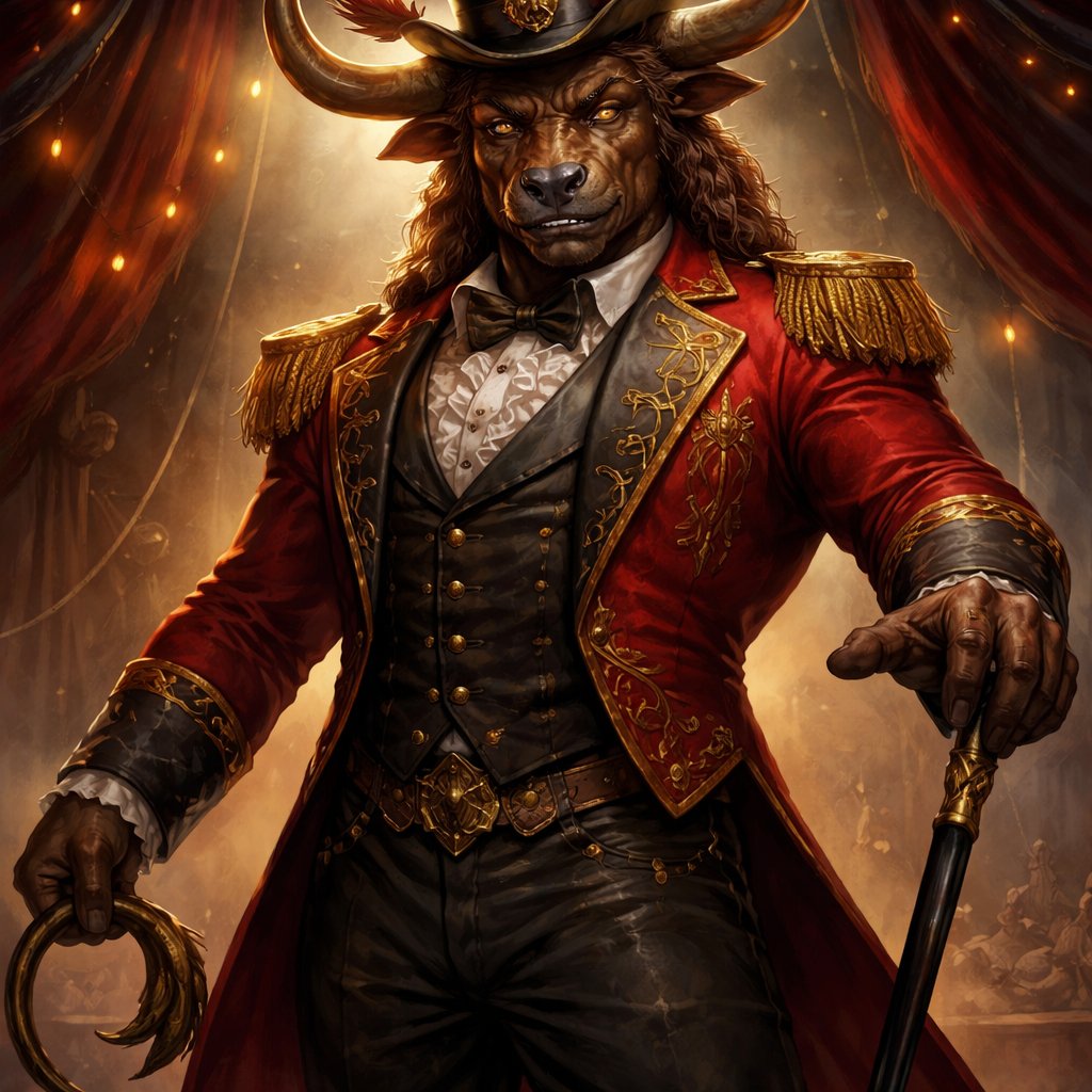 A male chestnut brown Minotaur with deep set cattle like brown eyes, large powerful gleaming horns like his fathers, a well~proportioned figure/body at lest 6 foot tall, long tail. He works at freak show as the ringmaster and his abilities are Reality Rejection, Time Manipulation (Chronokineses), Zoolingualism (Language of Cattle only), Human Speech. His mother is a human with half-animal (Cretan Cattle) physiology and his father is a Cretan Bull.