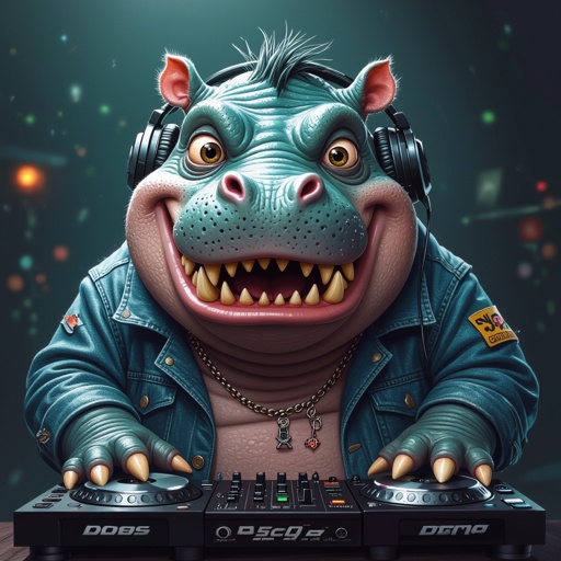 Create a funny looking monster dressed like a dj kinda with hippo monster face