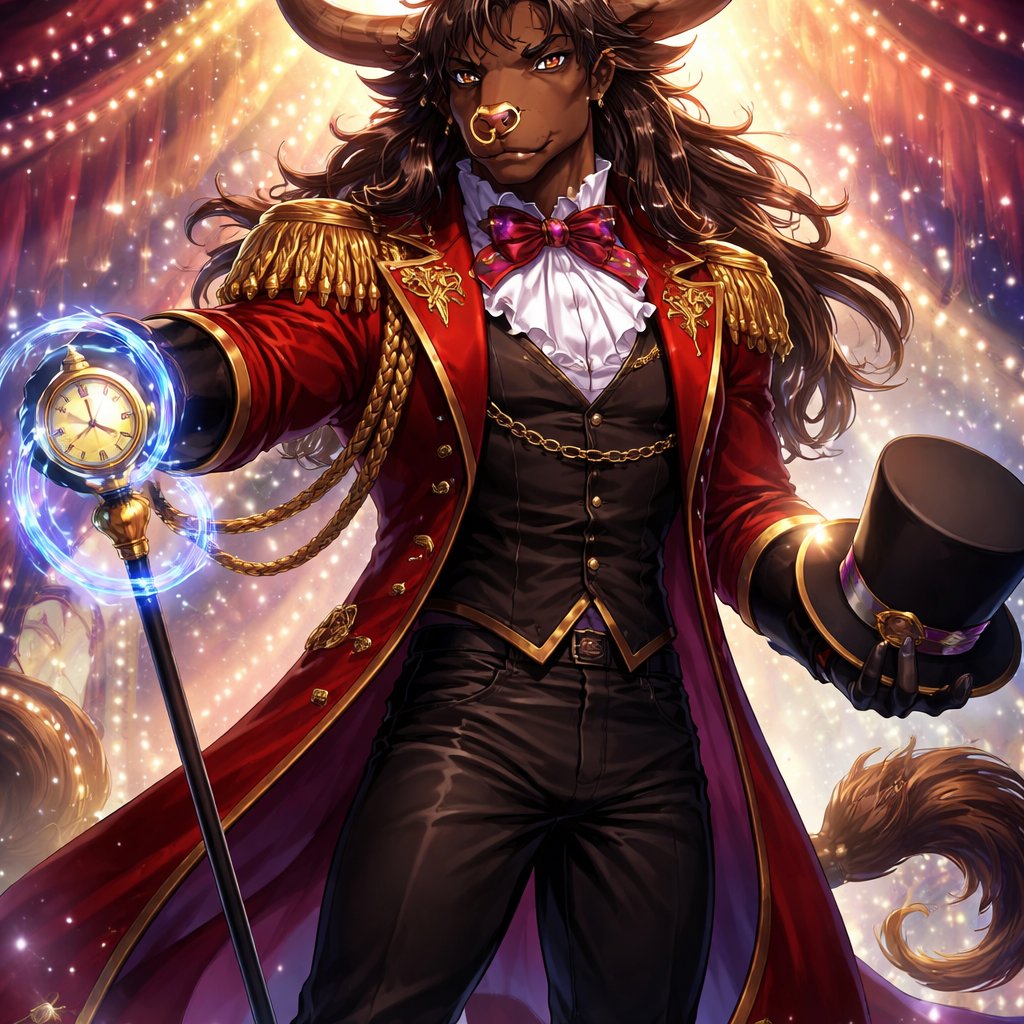A male chestnut brown Minotaur with deep set cattle like brown eyes, large powerful gleaming horns like his fathers, a well~proportioned figure/body at lest 6 foot tall, long tail. He works at freak show as the ringmaster and his abilities are Reality Rejection, Time Manipulation (Chronokineses), Zoolingualism (Language of Cattle only), Human Speech. His mother is a human with half-animal (Cretan Cattle) physiology and his father is a Cretan Bull.
