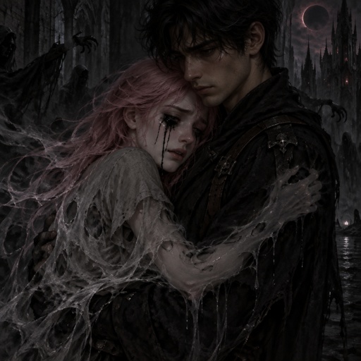 An 18 year old girl who has pink hair and blue eyes. She is wearing a gray shirt and black pants. With her a 19 year old boy who has black hair and dark brown eyes. They are hugging each other tightly and the girl is crying and melting into the boy’s arms. 